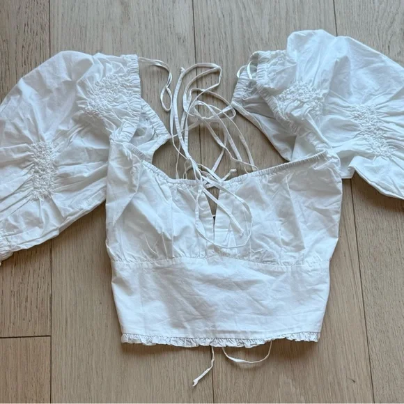 ZARA White Open Back Lace-Up Top | Puff Sleeve Euro Summer Blouse | Size L - Picture 8 of 12